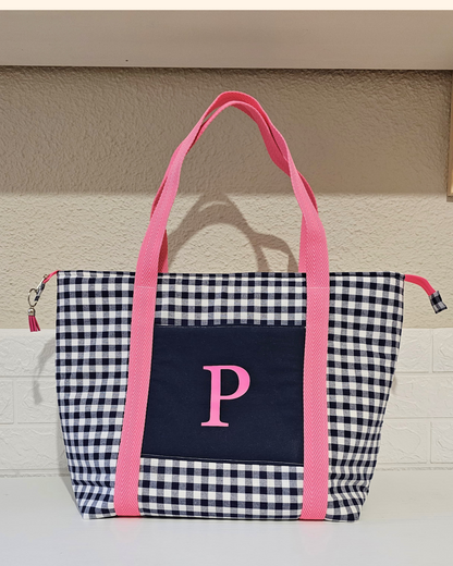 Bolso grande Vichy azul marino y rosa fluor
